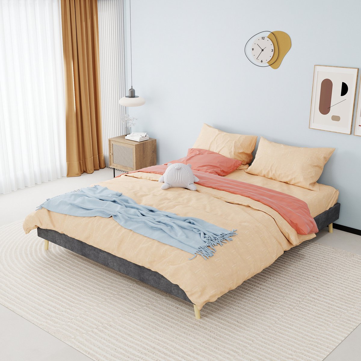 Gestoffeerd Bed 160x200 cm - Tweepersoonsbed Met Lattenbodem en Lage Ombouw - Zonder Matra