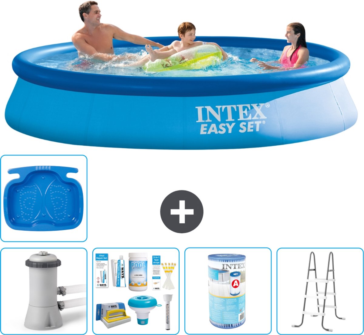 Intex Rond Opblaasbaar Easy Set Zwembad - 366 x 76 cm - Blauw - Inclusief Pomp - Onderhoudspakket - Filter - Ladder - Voetenbad - 6-delig