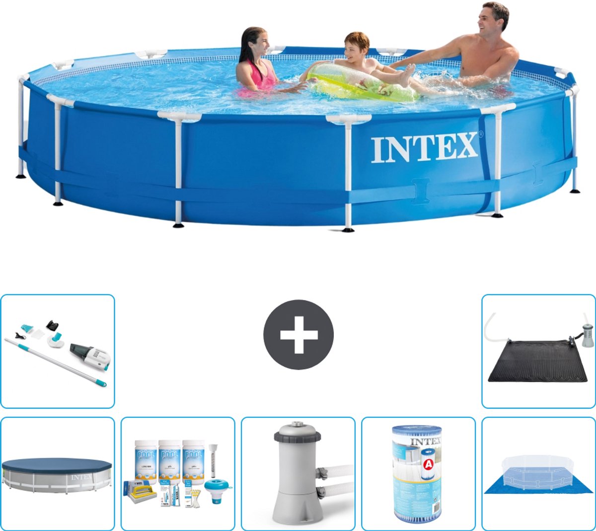 Intex Rond Frame Zwembad - 366 x 76 cm - Blauw - Inclusief Afdekzeil - Onderhoudspakket - Zwembadfilterpomp - Filter - Grondzeil - Stofzuiger - Solar Mat - 8-delig