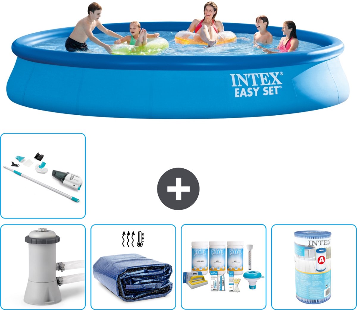 Intex Rond Opblaasbaar Easy Set Zwembad - 457 x 84 cm - Blauw - Inclusief Pomp - Solarzeil - Onderhoudspakket - Filter - Stofzuiger - 6-delig
