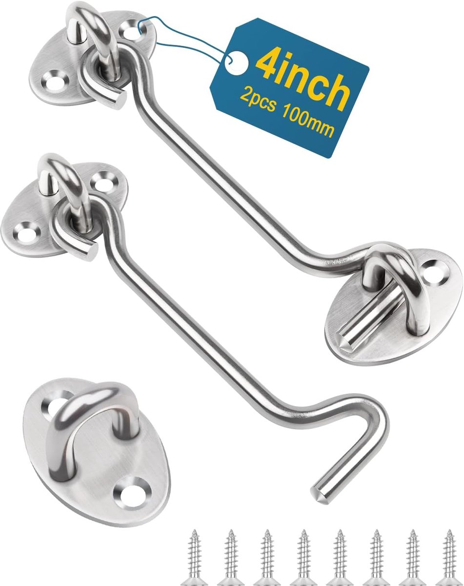 SnelShoppen - 4 Inch RVS Haak en Oog Slot, 2 Stuks 100mm Zilver, Stalen Deurslot voor Houten Poorten en Vensters, Ideaal voor Tuin, Deur en Raam Bevei
