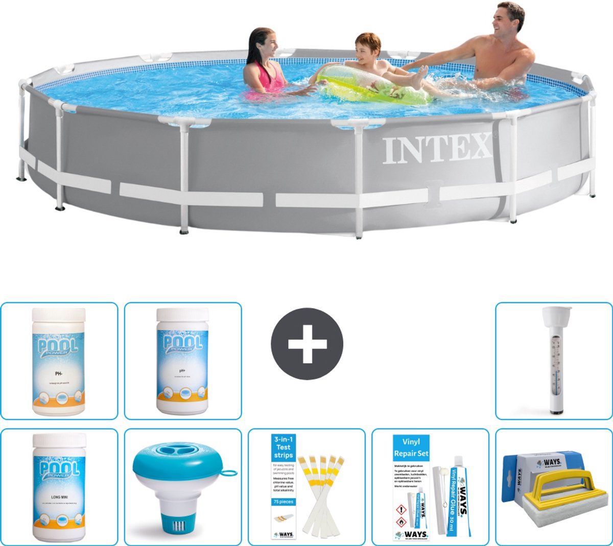 Intex Rond Prism Frame Zwembad - 366 x 76 cm - Grijs - Inclusief Chloor - Chloordrijver - Testrips - Reparatiesetje - Scrubborstel - PH-min - PH-plus - Thermometer - 9-delig