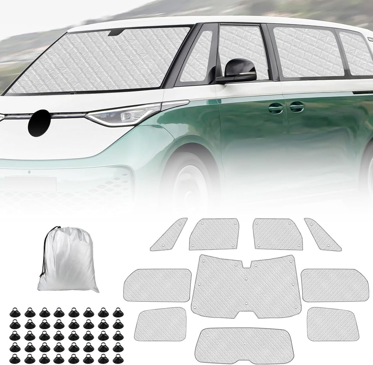 SnelShoppen - Interne Thermische Zonneschermen voor VW ID Buzz 2022-2026, 10 Stuks LWB Isolerende Voorruitbeschermers, Vouwbare Reflecterende Zonnesch