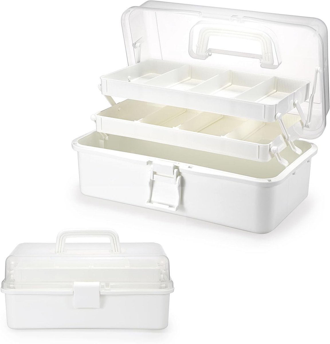 Multifunctionele 3-laags opbergdoos, BPA-vrij, verstelbare sorteerbox voor naaien, medicijnen en cosmetica, draagbare organizer met deksel in wit