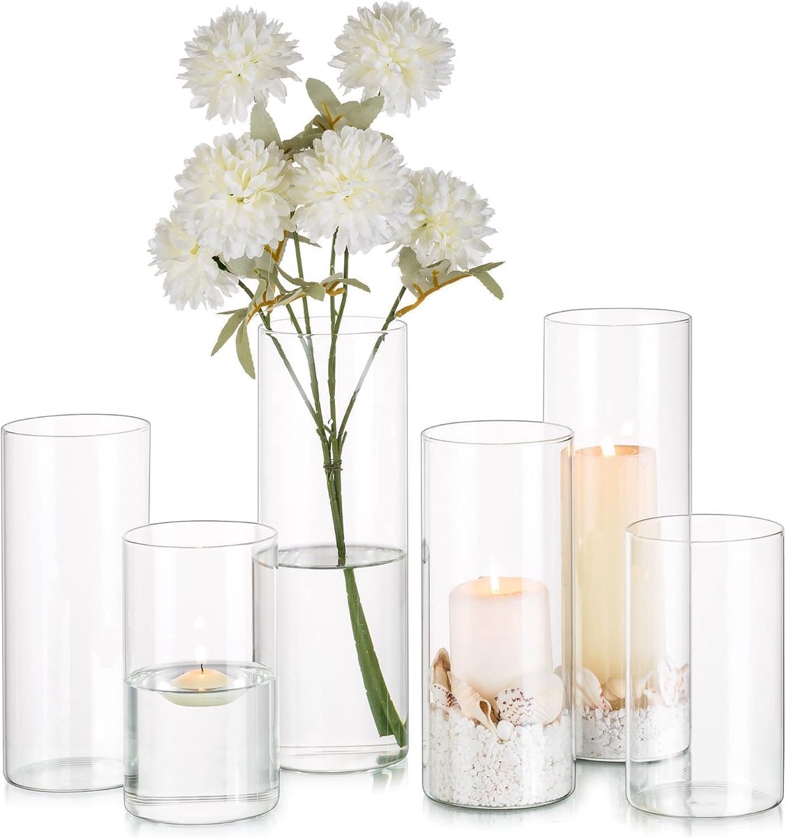 SnelShoppen - Glazen Cilinder Vaas Set van 6 - Moderne Decoratieve Vazen voor Bloemen en Kaarsen - Heldere Glas Vazen 15/20/25 cm voor Bruiloft, Feest