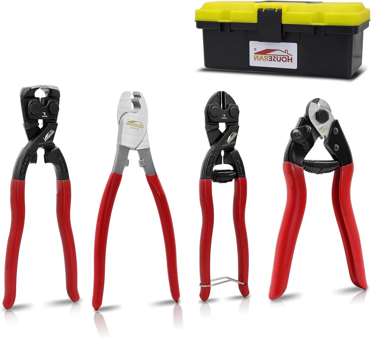 4-delige tangenset met kabeltang, boutenschaar, staaldradtang en eindtang in toolbox, ideaal voor het knippen van sloten, prikkeldraad en kettingen