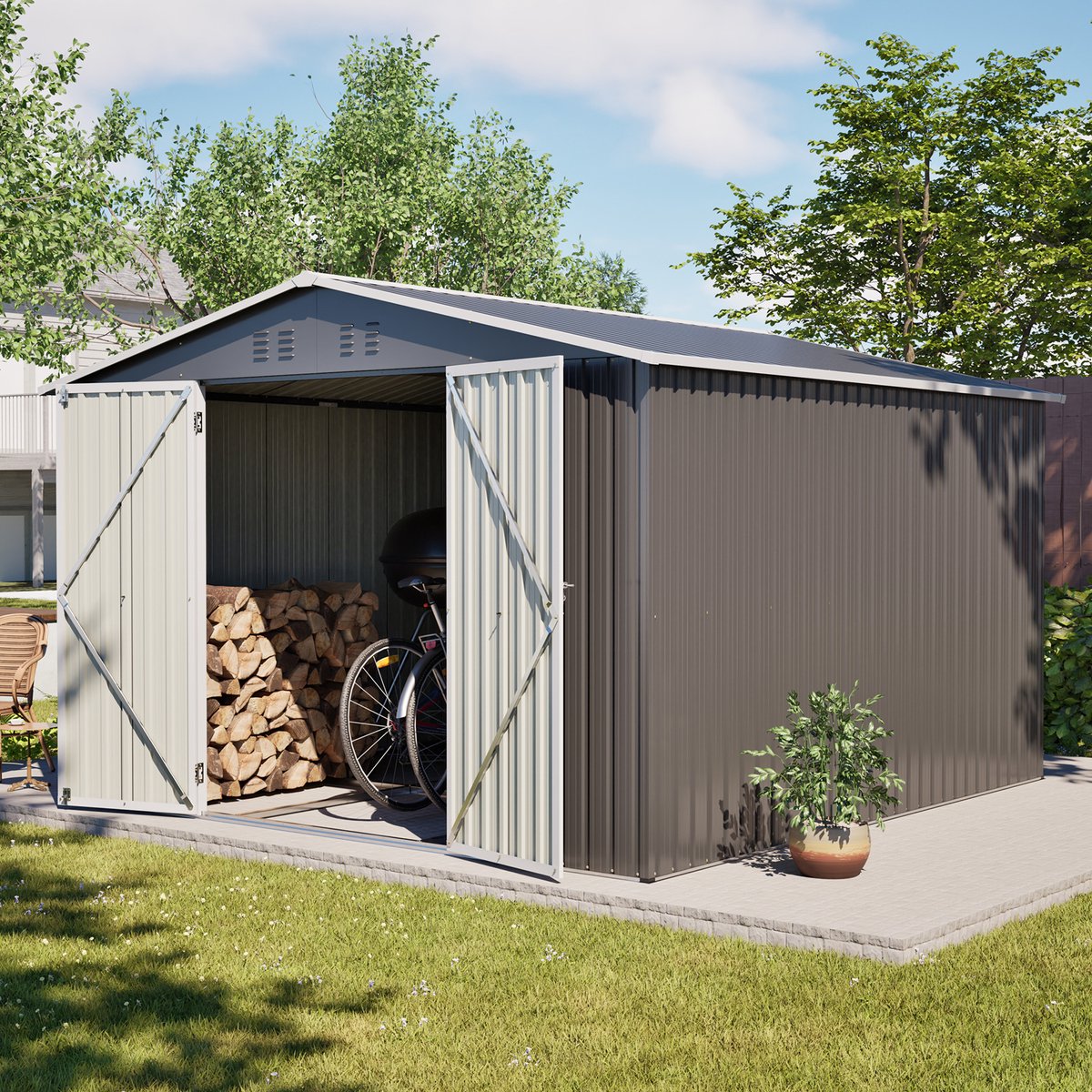 Berging Afsluitbaar Met Vloerframe 300 X 311,4 X 200 Cm Metaal Grijs Voor Tuin Terras En Opbergruimte