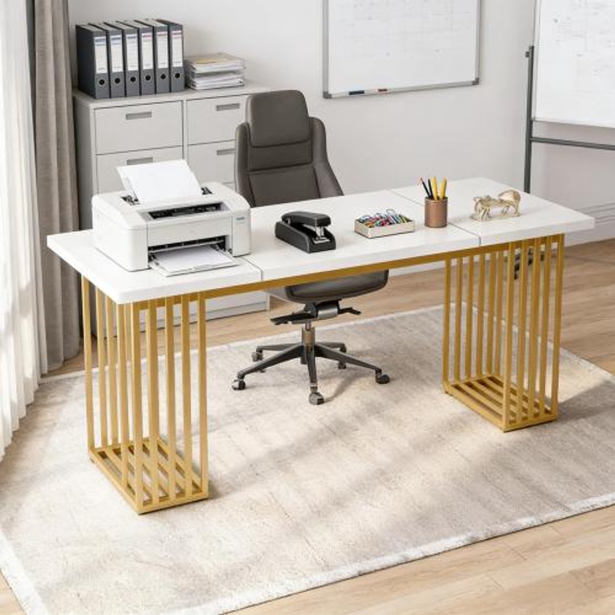 MODENUIT Bureau - Rechthoekig Werkbureau - Voor Kantoor - Hout En Metaal - Wit Goud - 180x79x78 Cm