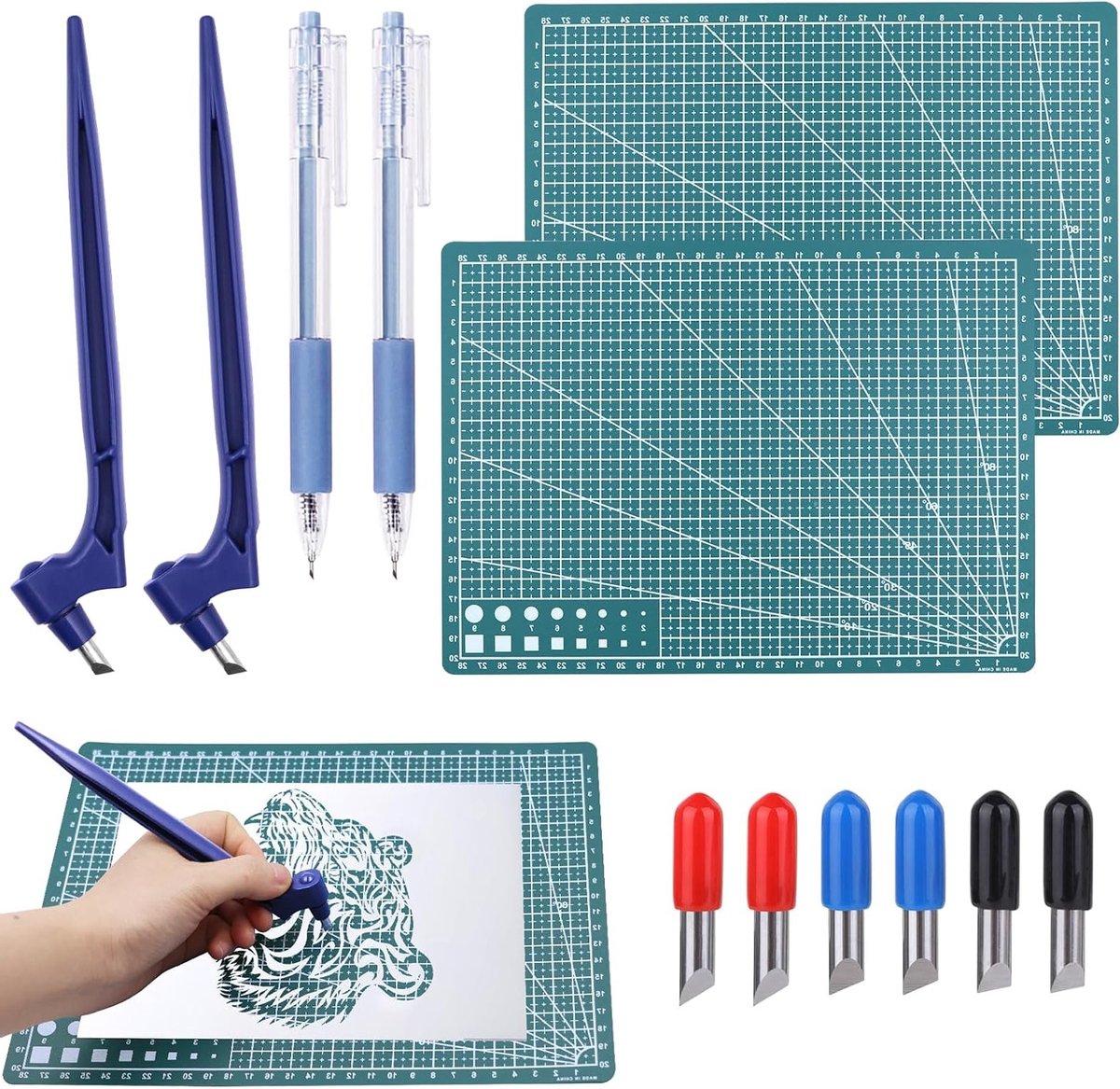 Snijgereedschap voor Creatieve Projecten met 6 Vervangbladen, 2 Snijmatten en 2 Schaalpennen voor Papier en Scrapbooking