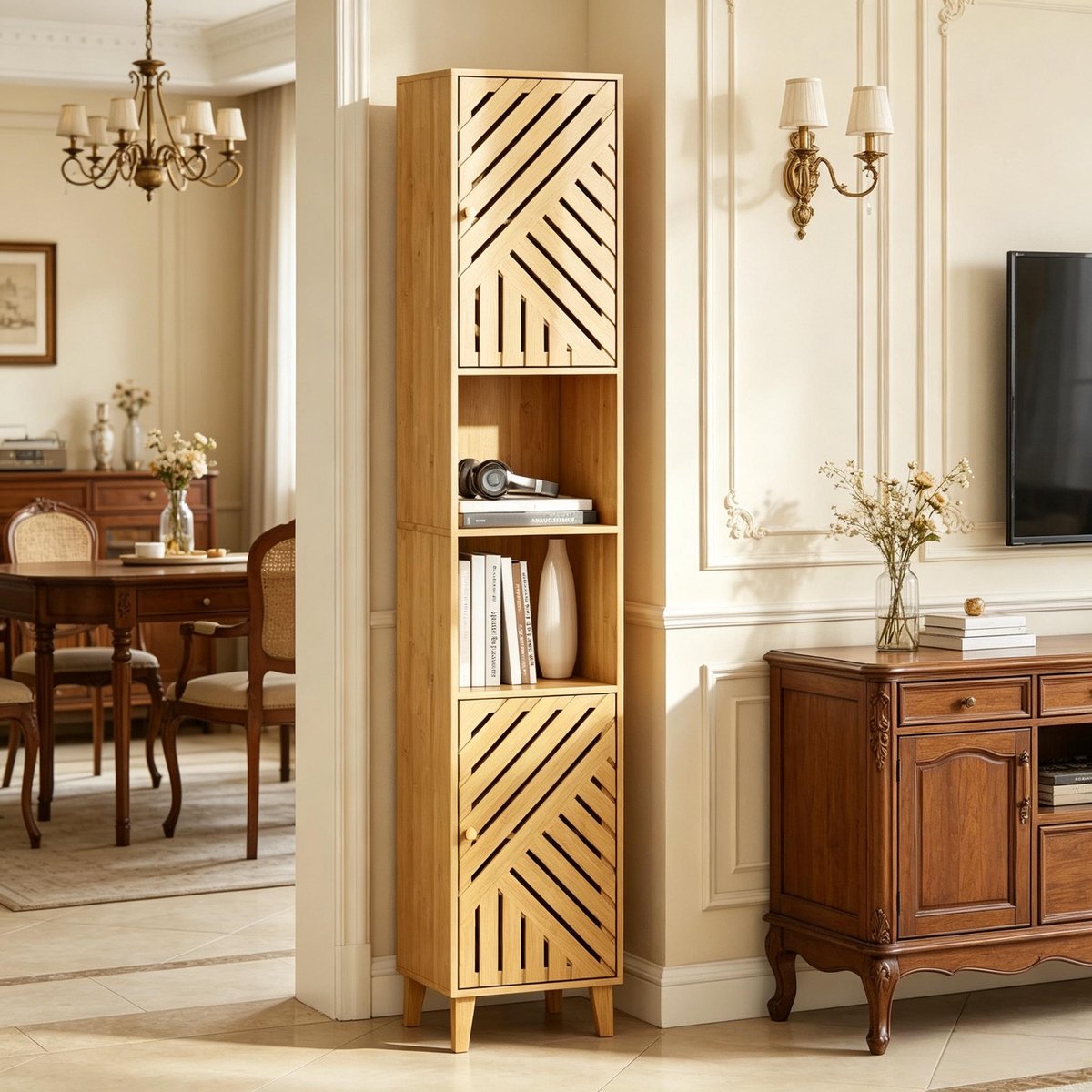 HAUSS SPOLE Opbergkast - Smalle Hoge Kast Met Open Vakken En Bamboedeuren - Voor Badkamer En Hoekruimte - Bamboe En Spaanplaat - 32x30x170 Cm - Naturel