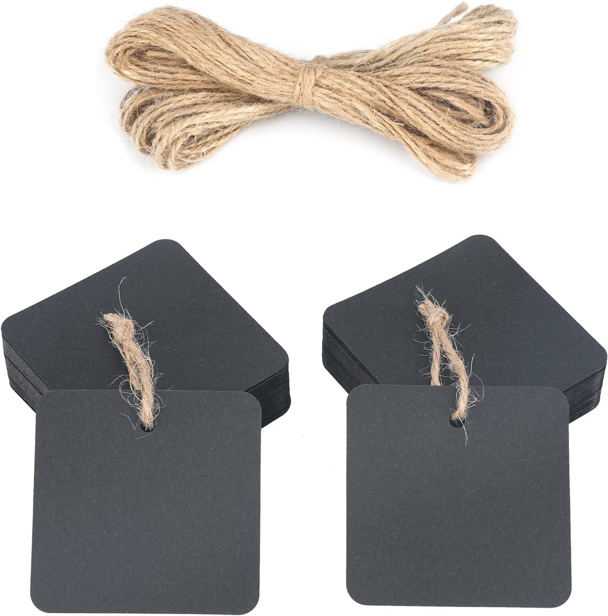 SnelShoppen - Kraft Paper Pendant Gift Labels Vierkant 5.5 cm - 100 Stuks met Jute Koord - Voor Feestdagen, Kerst, Trouwen, Cadeaus en Meer (Zwart)