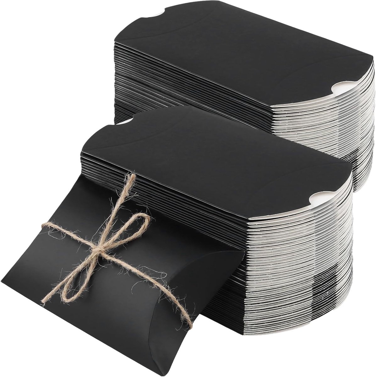 SnelShoppen - 150 Stuks Kraft Papieren Kussendozen Zwart met Jute Touw, 13 x 9 x 3.5 cm, Cadeauverpakkingen voor Bruiloft, Verjaardag, Feest, Party