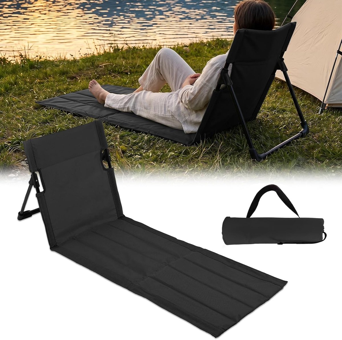 SnelShoppen - Opvouwbare Zitkussen Voor Buiten met Rugleuning, Draagbare Strandstoel voor Camping, Tuin, Gazon, Lange Zwarte Strandmat, Comfortabel en