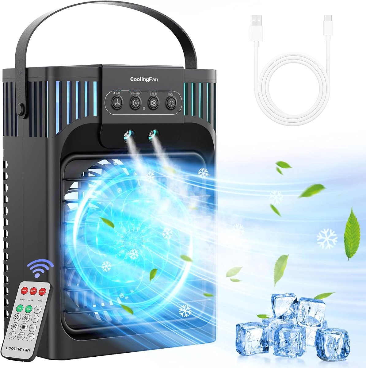 SnelShoppen - Mobiele Airconditioning met Afstandsbediening, 1200 ml Mini Air Cooler met 3 Luchtstanden en 3 Koelmist, 2-8 Uur Timer en 7 LED's, Still
