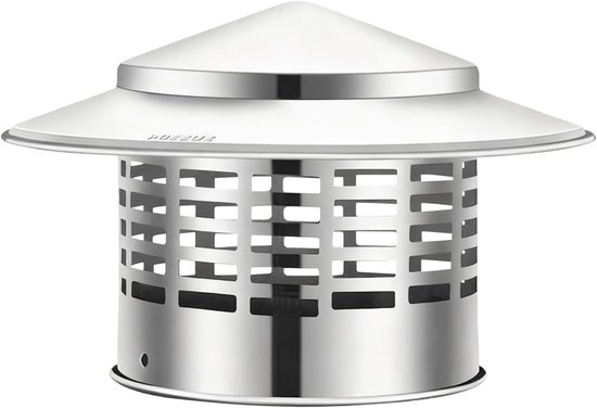 Zilverkleurige RVS schoorsteenkap met ronde openingen, geïsoleerd op een witte achtergrond.