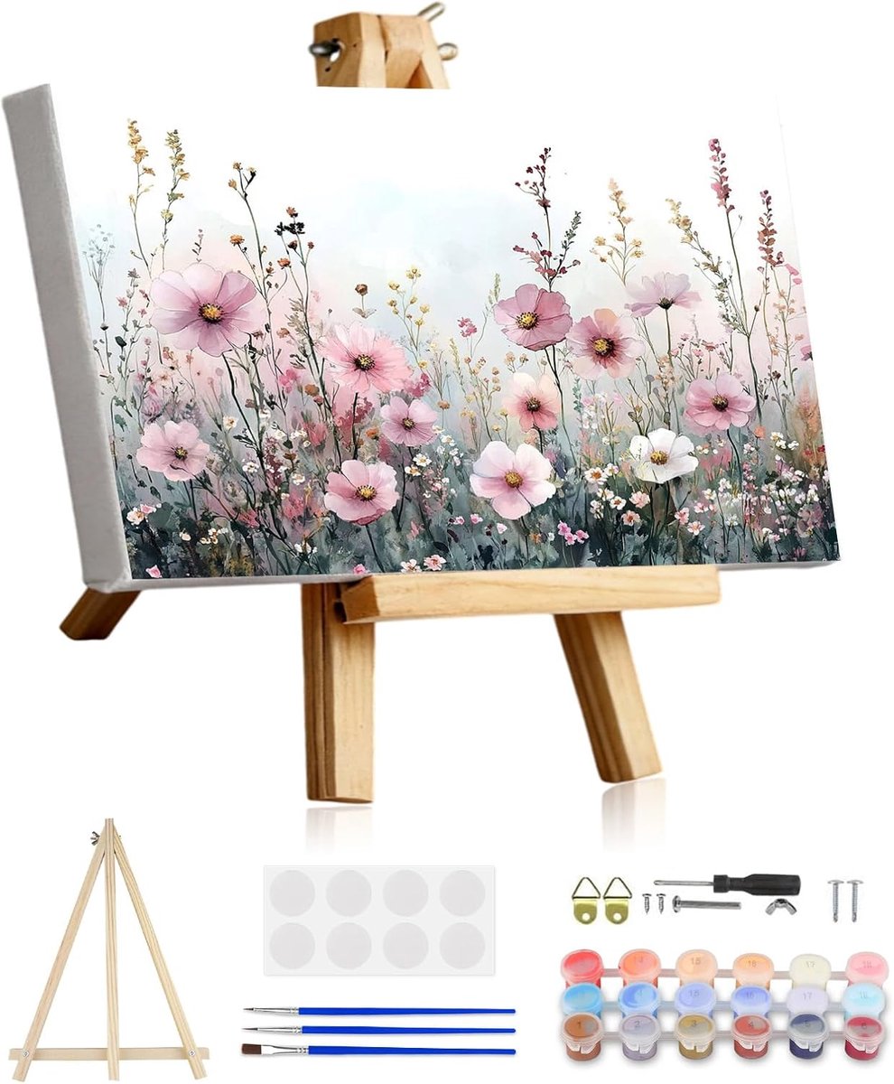 SnelShoppen - Schilderen op Nummer - KEYIFA Roze Wilde Bloemen Schilderij voor Volwassenen met Lijst - DIY Olieverf Kit met Borstels - Creatieve Kunst