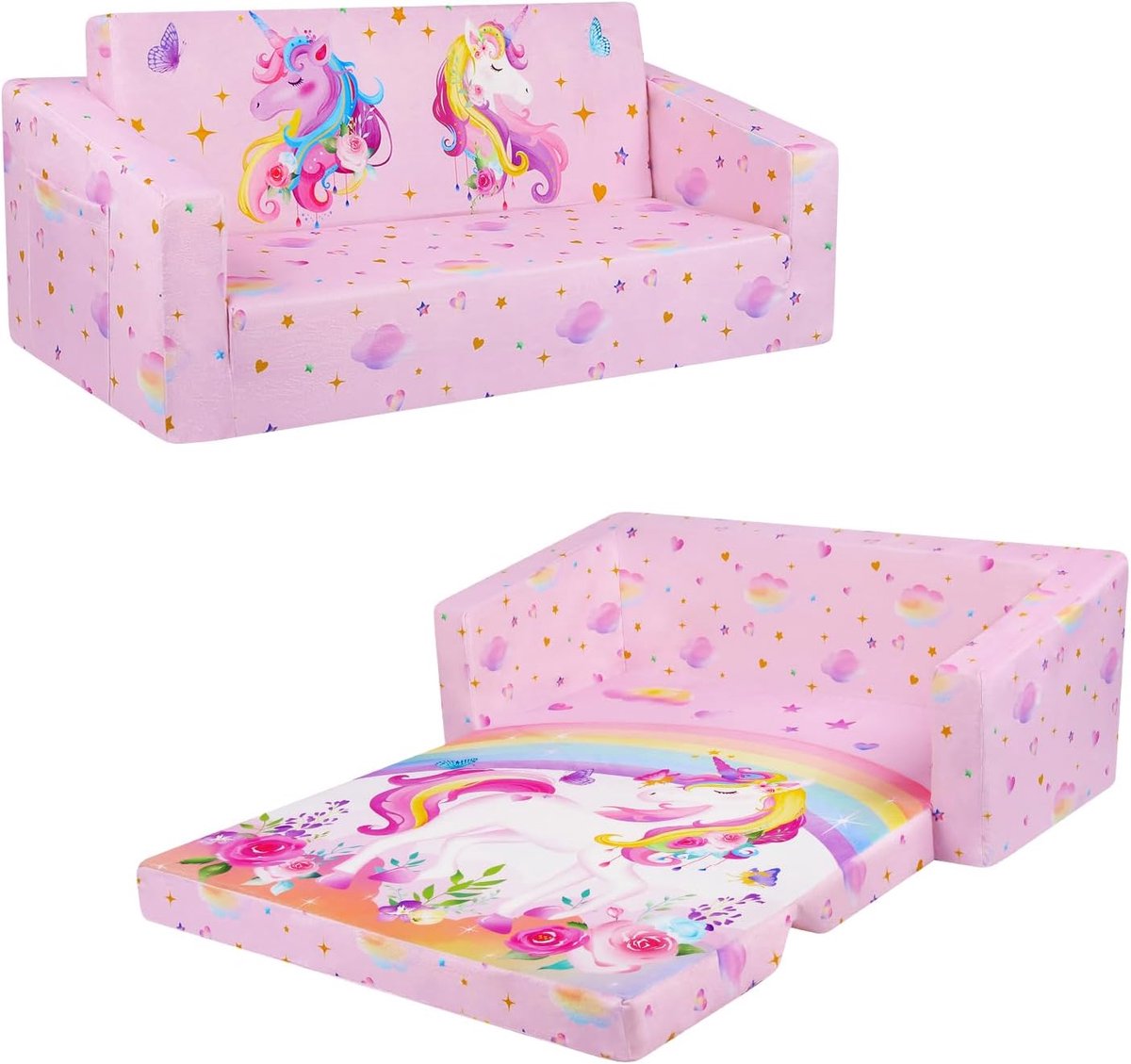 SnelShoppen - Vouwbare Kinderbank - Dubbele Zitplek - 2-in-1 Vouwbed - Kinderbank met Opbergtasje - Comfortabele Sofa voor Kinderkamer, Speelkamer - R