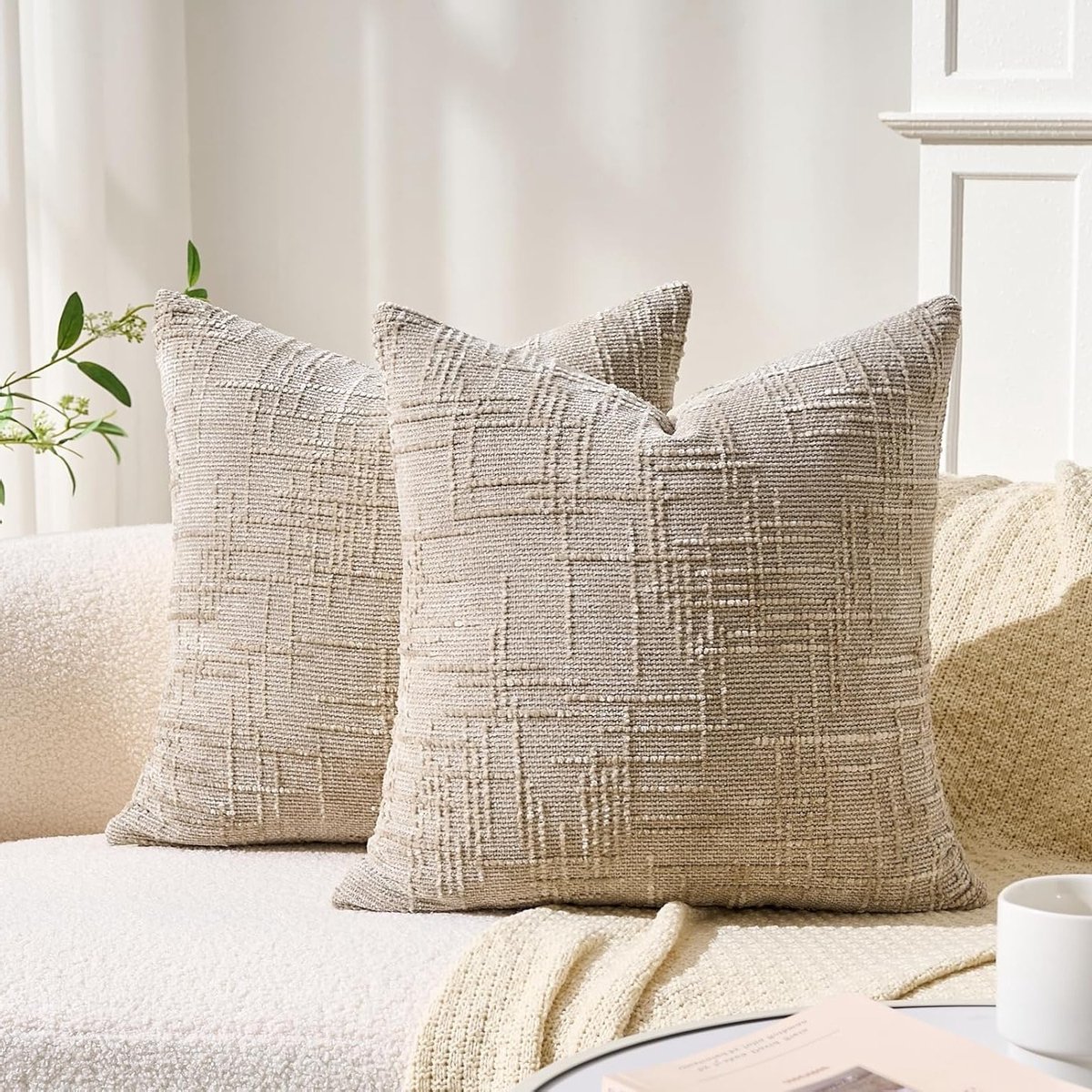 Moderne Decoratieve Kussenhoezen 50 x 50 cm in Khaki Chenille Velvet voor Bank, Slaapkamer en Woonkamer, Set van 2