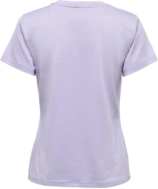 Damessportshirt, lichtpaars, korte mouwen, V-hals. Achteraanzicht.