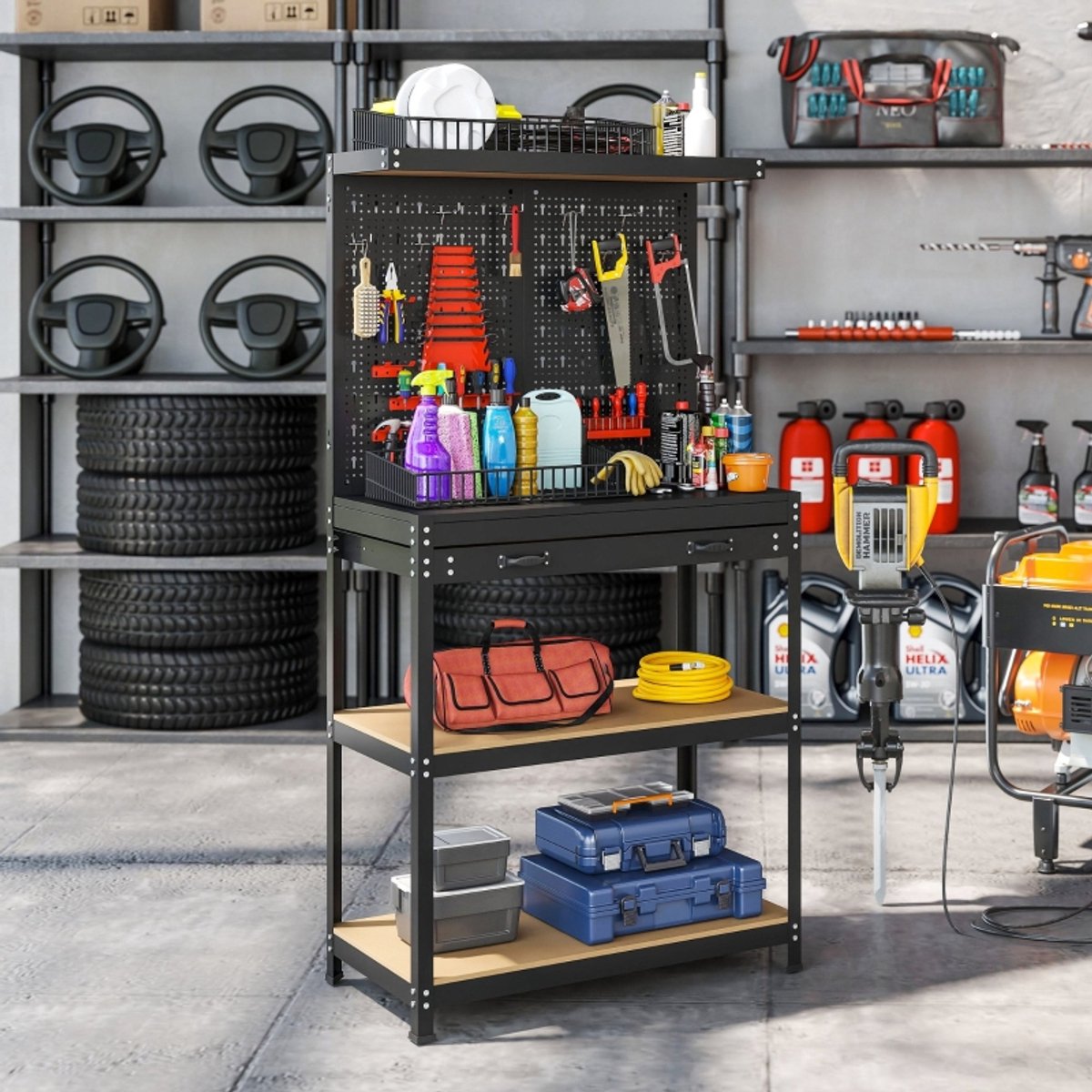 FloraGrace Werkbank – 80 x 40,5 x 155 cm – Met Gatenwand En Lade – MDF En Staal – Zwart – 2 Planken Voor Werkplaats En Garage