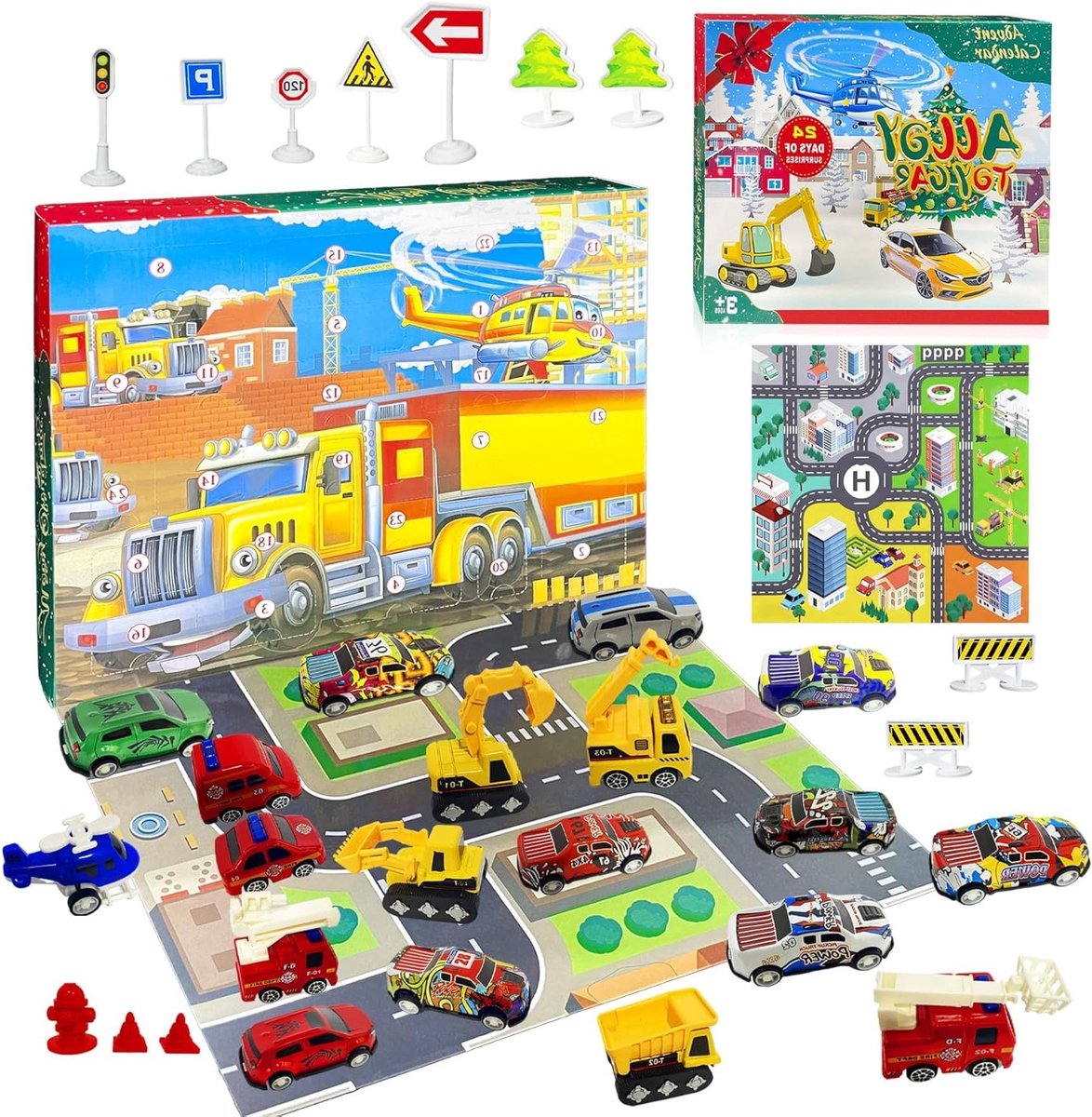 Adventskalender 2025 met Kerstmis Speelgoed, Miniatuur Raceauto's en Bouwvoertuigen, 24 Dagen Cadeaus voor Kinderen