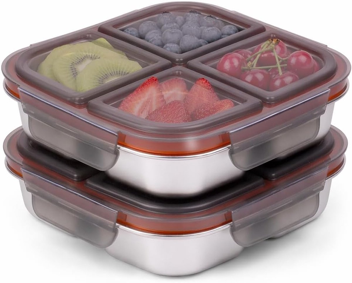 VHV - Lunchbox - RVS bento box met 4 vakken - 600ML - Snackdoos voor kinderen en volwassenen - Voor school, kinderopvang, werk, meal prep en reizen - 2pcs - Versie met zwart deksel