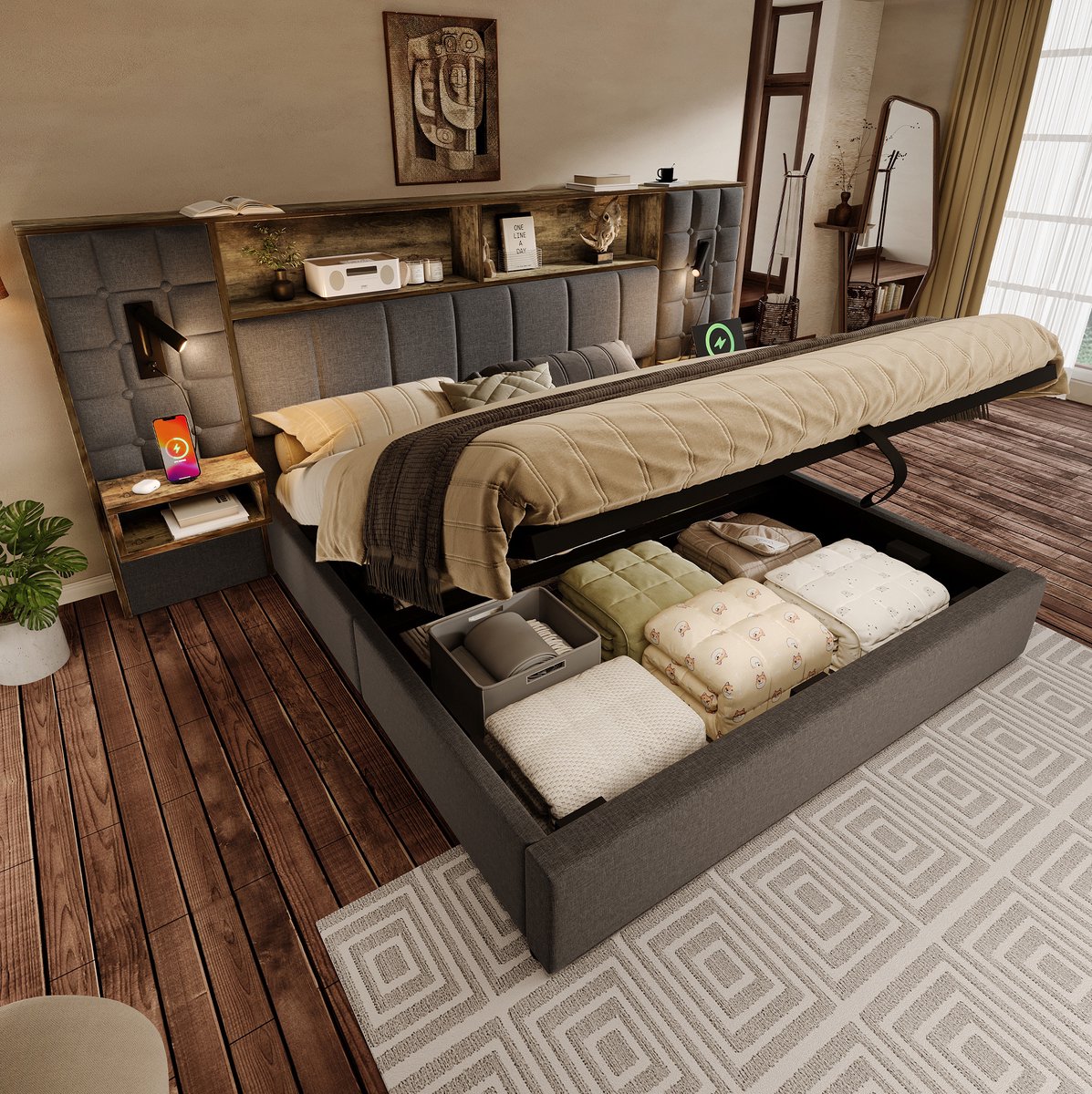 COVREO Bed 160x200 cm - grijs, met opbergruimte, 2 leeslampen, 2 nachtkastjes, USB en Type