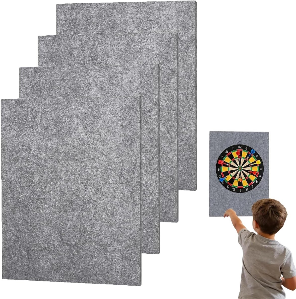 Set van 4 Zelfklevende Vilt Wandbeschermers voor Dartborden - Bescherming voor Muren, 30 x 21 cm (Grijs)