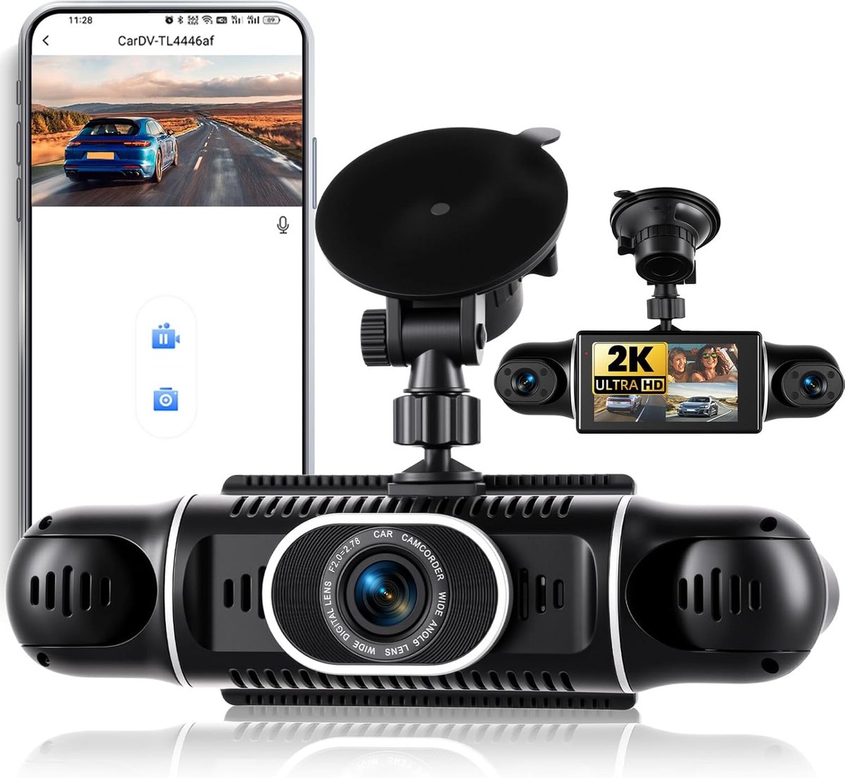 SnelShoppen - 2K Dashcam Auto Achter 4 Kanalen 360 Graden met Nachtzicht IR, Loopopname, G-Sensor, Parkeerhulp, 24-uurs Parkeermodus, 3 Inch