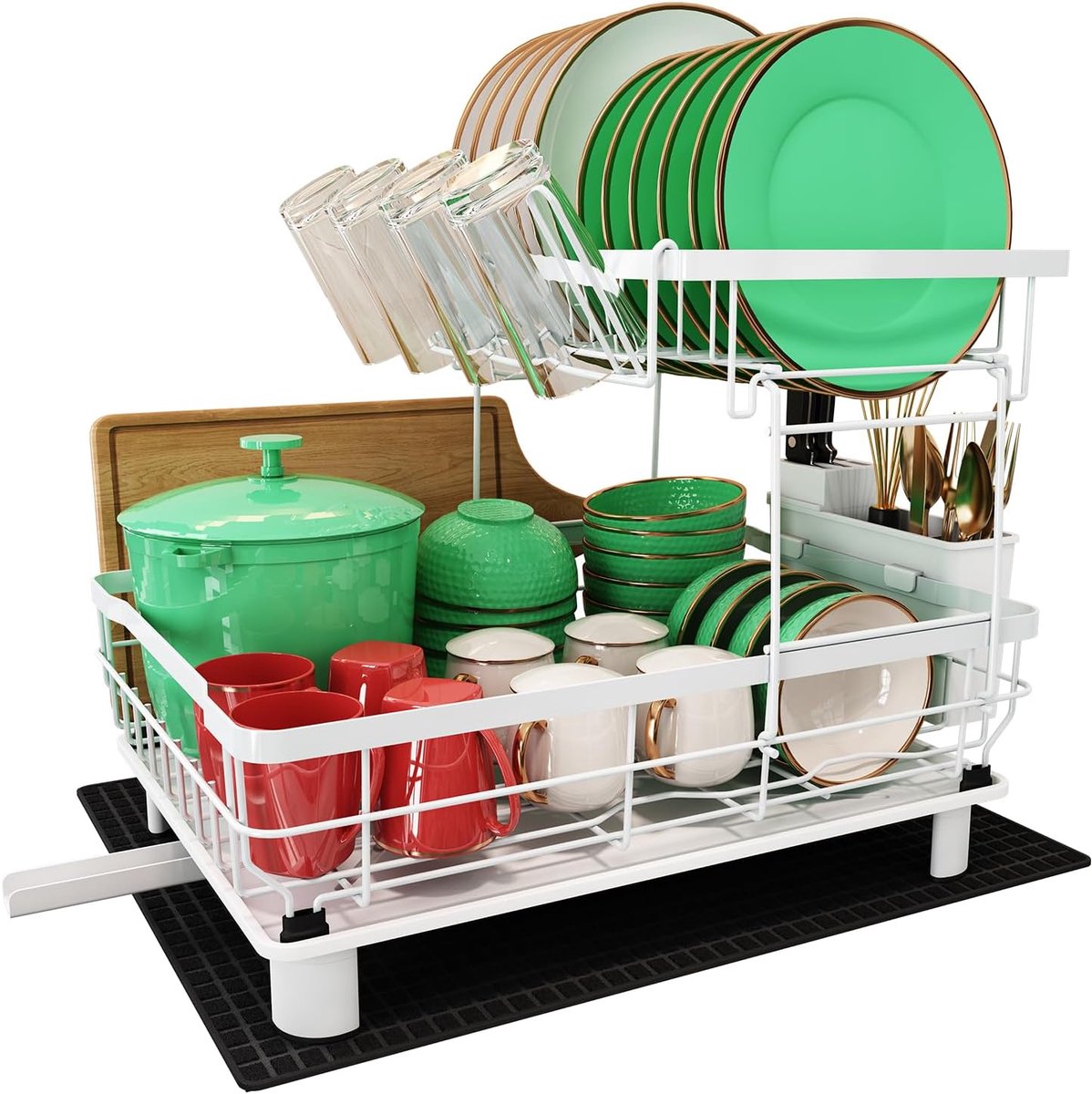 SnelShoppen - 2-Tier Afwasrek RVS voor Keuken, Inclusief Afvoerslang, Bestekhouder, Bekerhouder, Snijplankhouder en Droogmat - Duurzaam en Roestvrij -