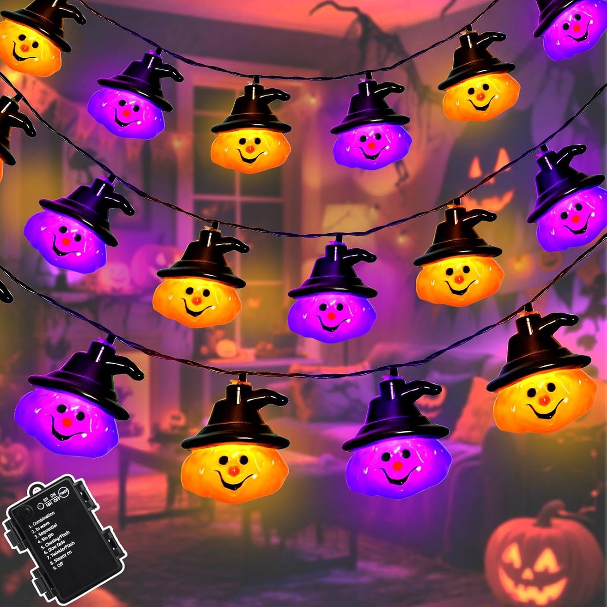 Thijox - Halloween Lichtsnoer 3m met 20 LED's, Pompoen Design, Paars en Oranje, Batterij met Timer, 8 Modi, Weerbestendig voor Buiten en Tuin Decorati