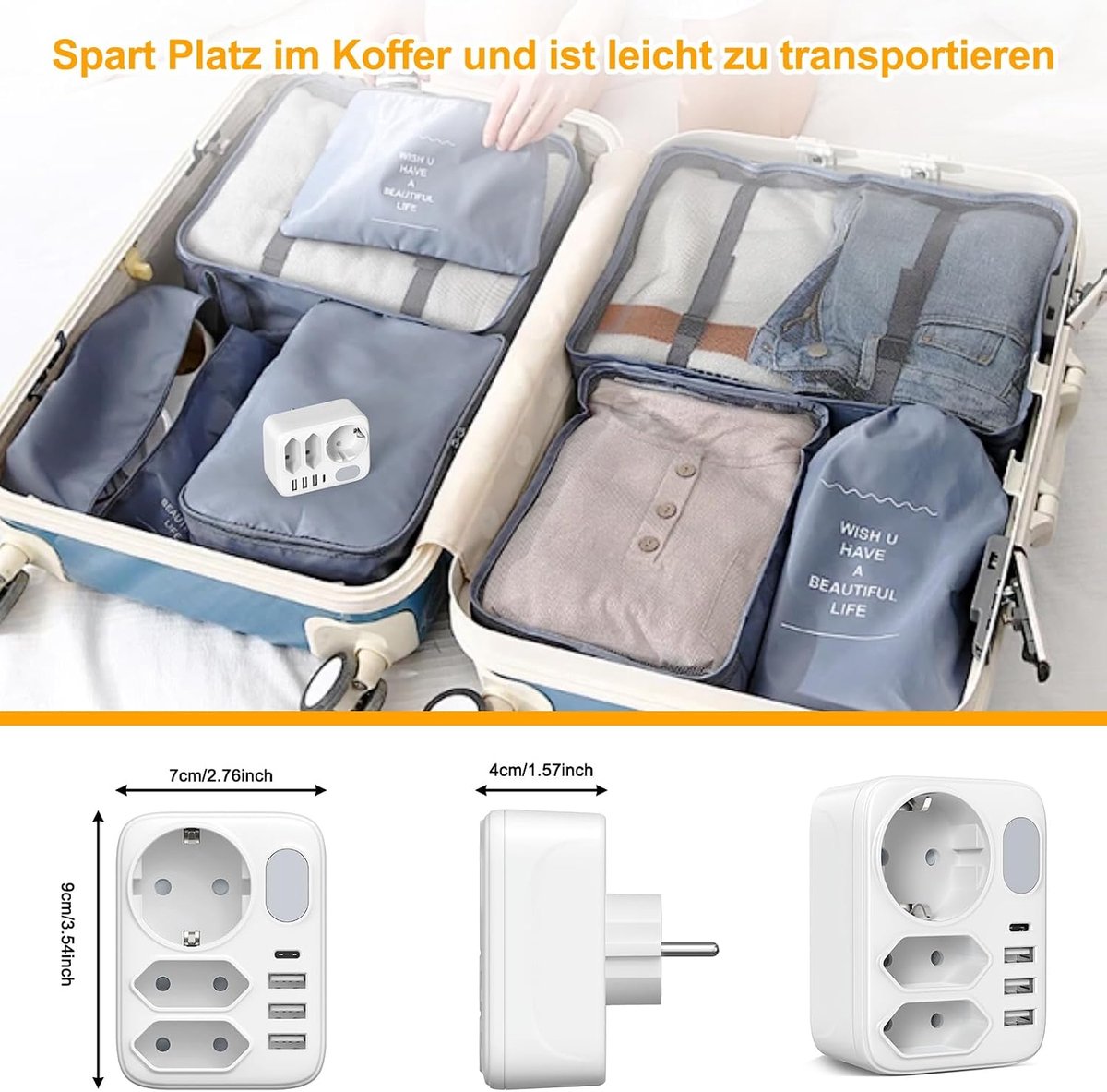 SnelShoppen - Meervoudige Stekkeradapter 7-in-1 met USB-C en 3 USB-A, Stekkerdoos voor Thuis, Kantoor en School, Inclusief Nachtlampje, Uitbreidingson