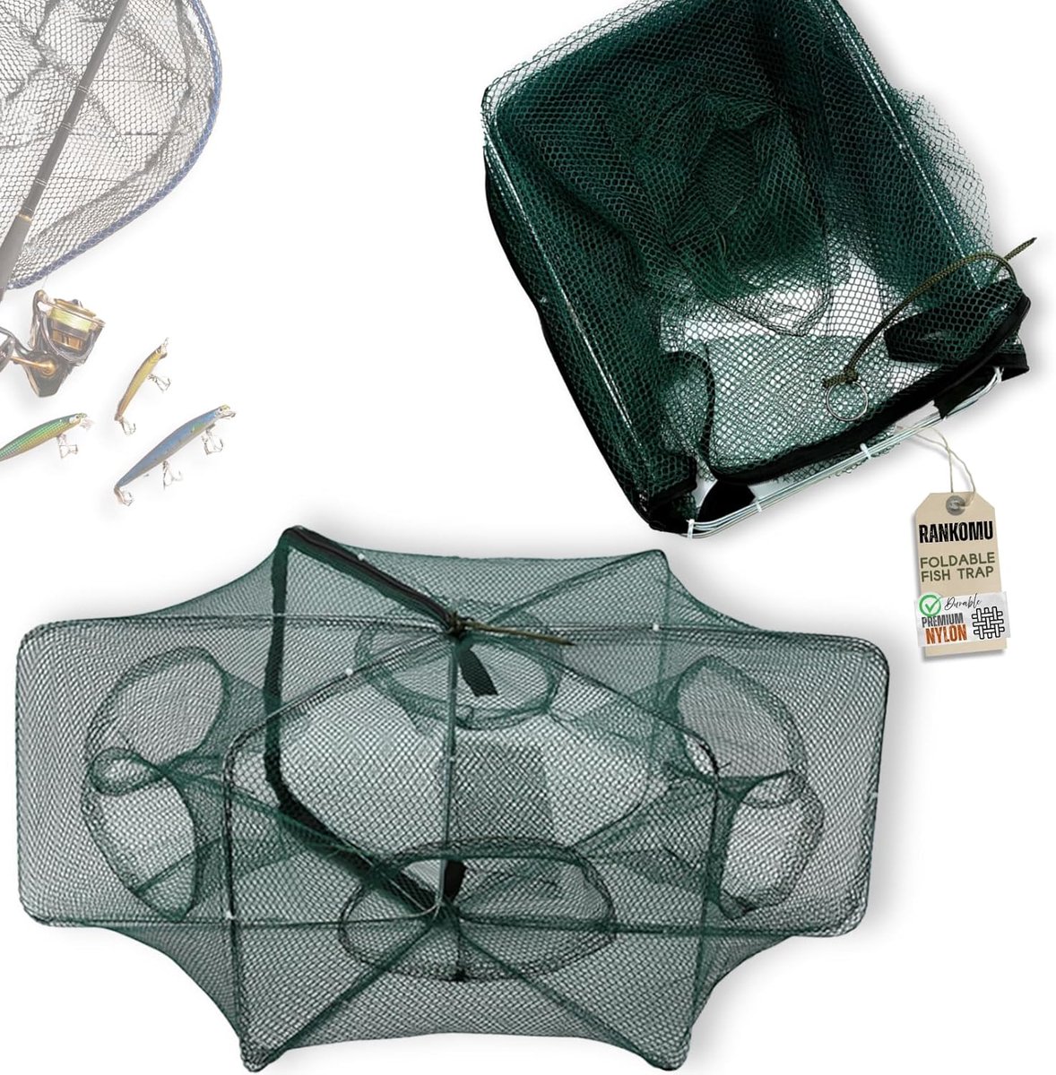 Thijox - 6-gats Opvouwbaar Visserijnet met Ritssluiting - Aasvisval voor Paling, Krabben & Kreeft - Nylon en Staal - 58x22cm, 150g - Ideaal voor Visse