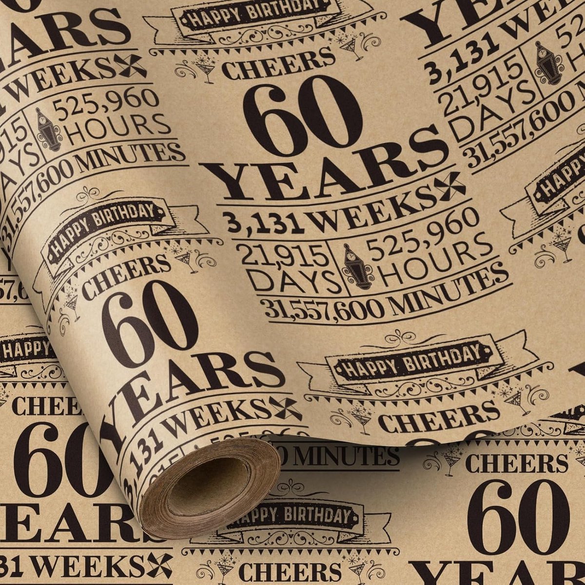 Thijox - Verjaardagscadeaupapierrol 60 Jaar, Kraftpapier Zwart Design, 43,2 cm x 5 m, Ideaal voor Verjaardag, Feest, Vakantie, Cadeaus voor Mannen