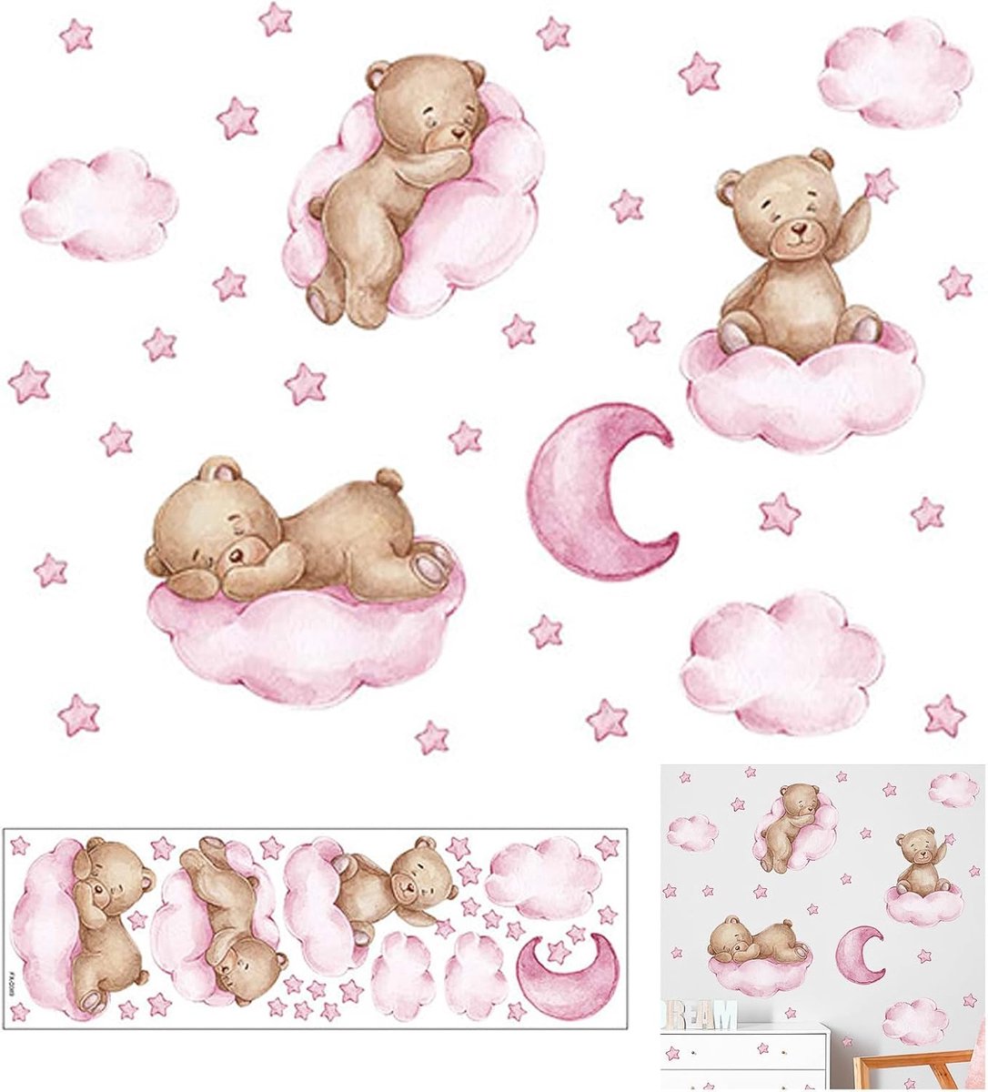 SnelShoppen - Wandsticker Kinderen Beer Wolken Maan Sterren Ballonnen Heiße Luchtballon Wanddecoratie Kinderkamer 80x63 cm