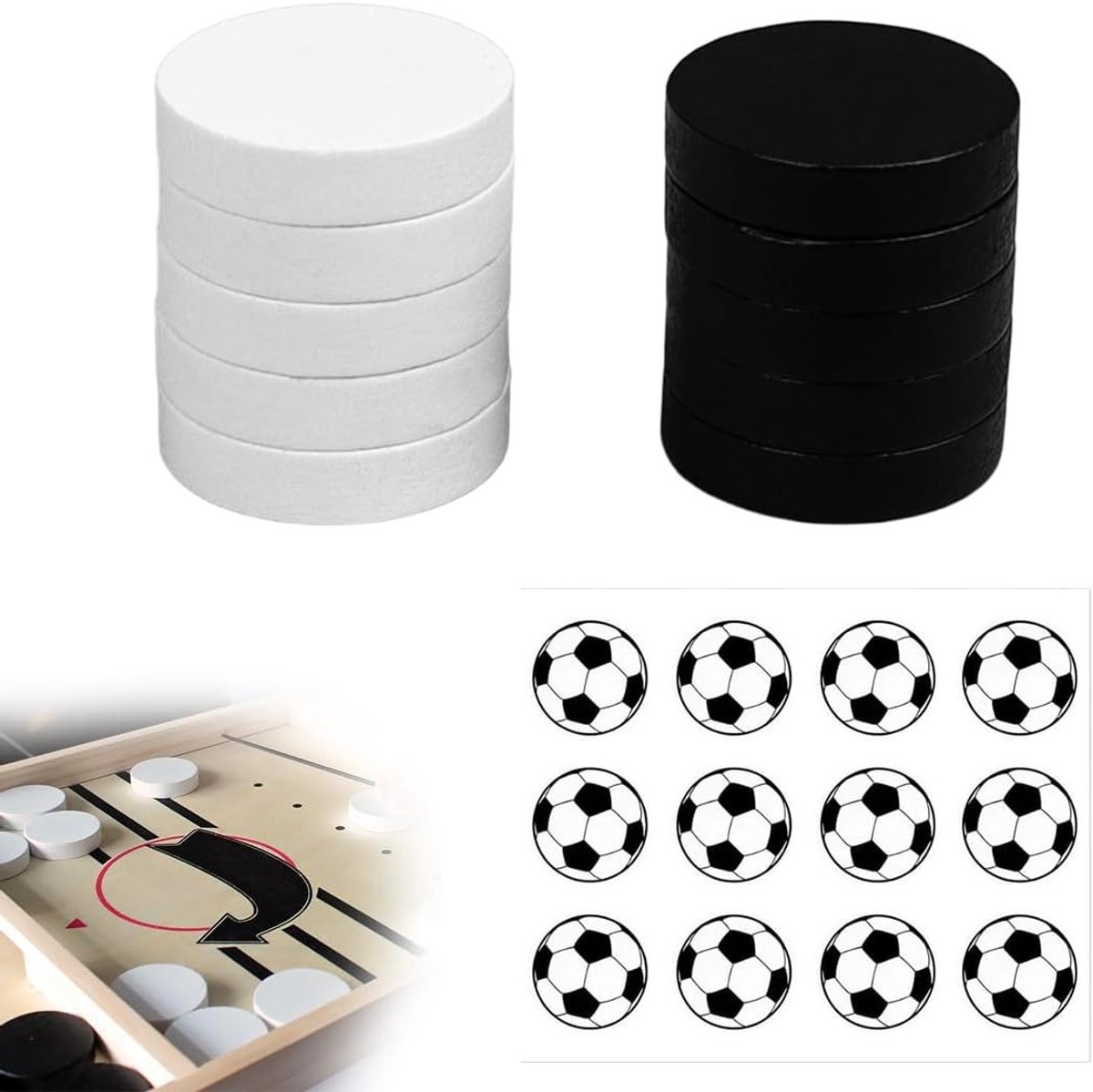 10 Stuks Zwarte en Witte Speelstenen voor Sling Puck Spel, Air Hockey Tafel en Bordspellen met Voetbalstickers, Perfect voor Spelonderdelen en Vermaak