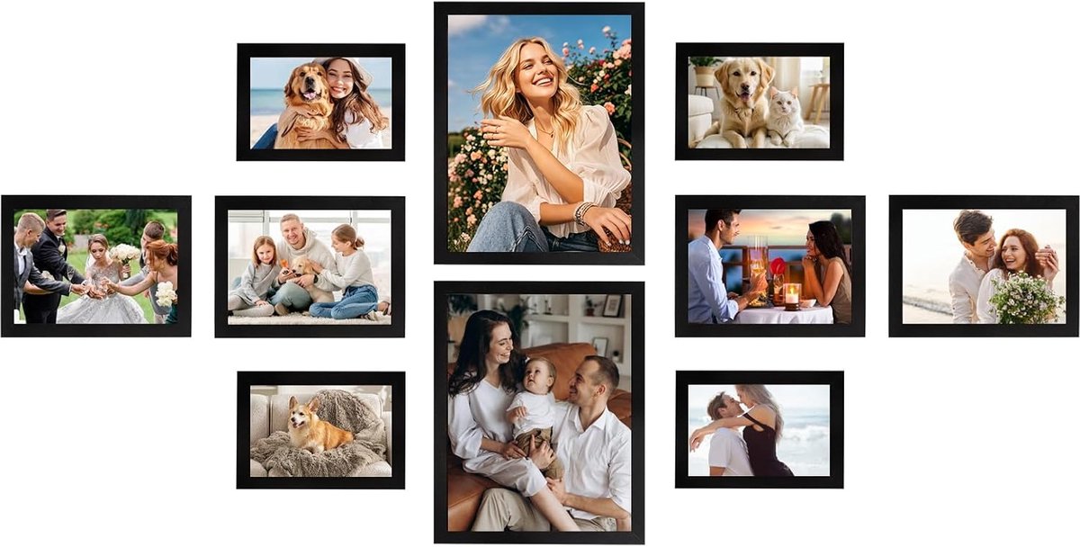 Thijox - Fotolijst Set van 10 Stuks, Houten Fotolijsten in Zwart, Verschillende Maten: 20x25 cm, 13x18 cm, 10x15 cm, Collage Lijst voor Foto's, Afbeel