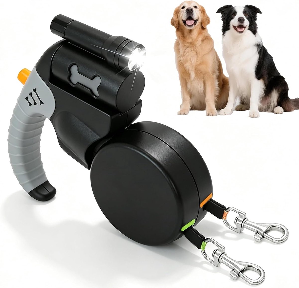 SnelShoppen - Hondenriem voor 2 Honden, Intrekbare Dubbele Hondenriem met 2 Kauwvasten, 360° Draaibaar, Reflecterend, Lichtgewicht voor Middelgrote en