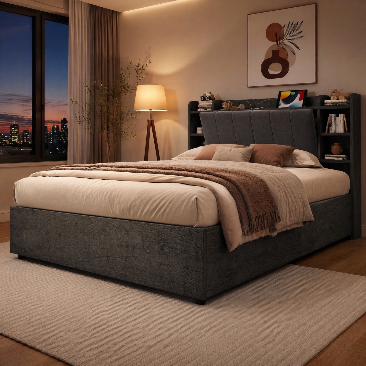 COVREO Bed 180 x 200 cm - hydraulische opbergruimte, USB en Tape-C, grijs, zonder matras
