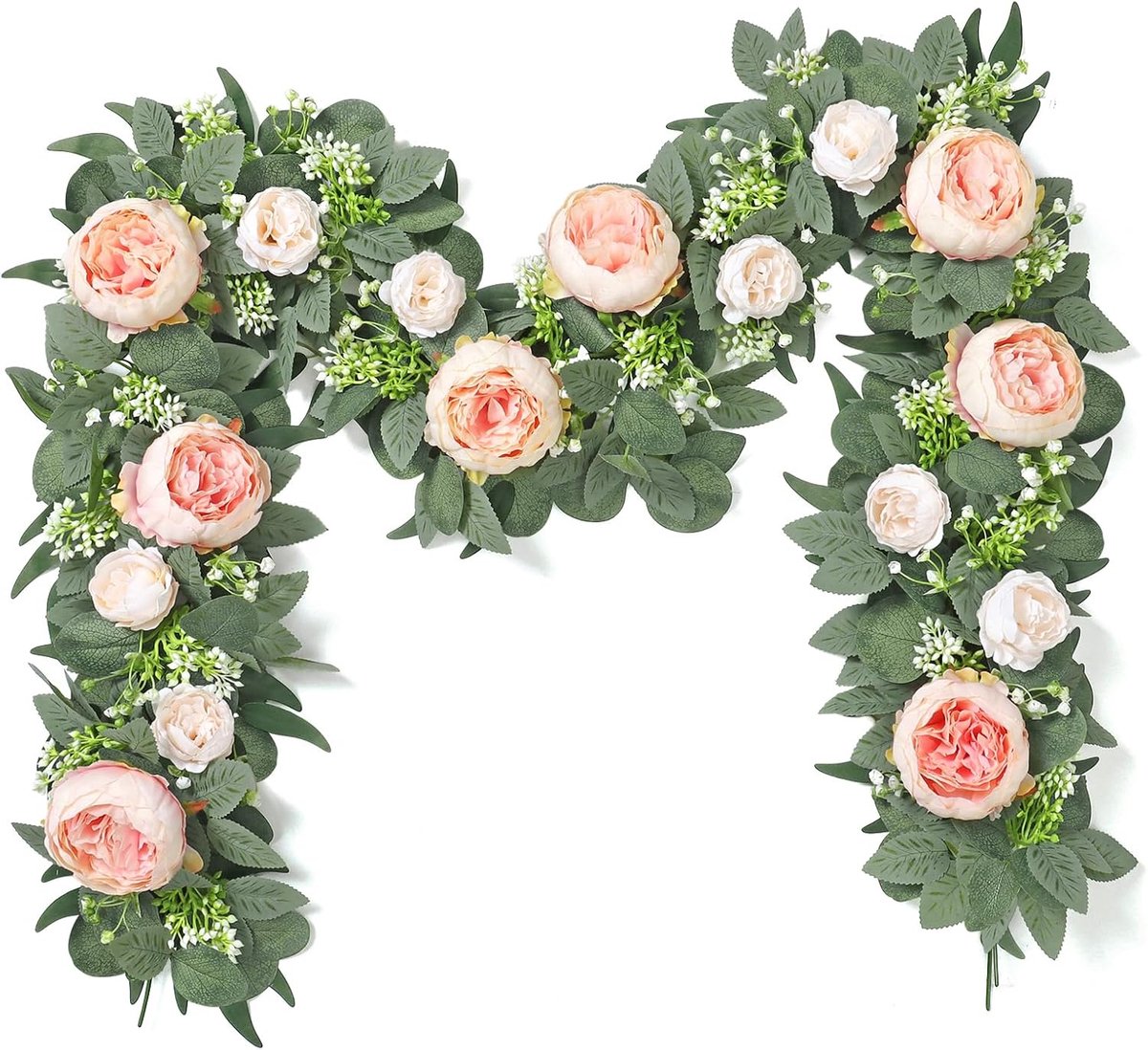 SnelShoppen - 2 stuks kunstmatige eucalyptusbloemen slinger met witte rozen en pioenrozen, zijde kunstplanten voor bruiloft, feest en tafeldecoratie (