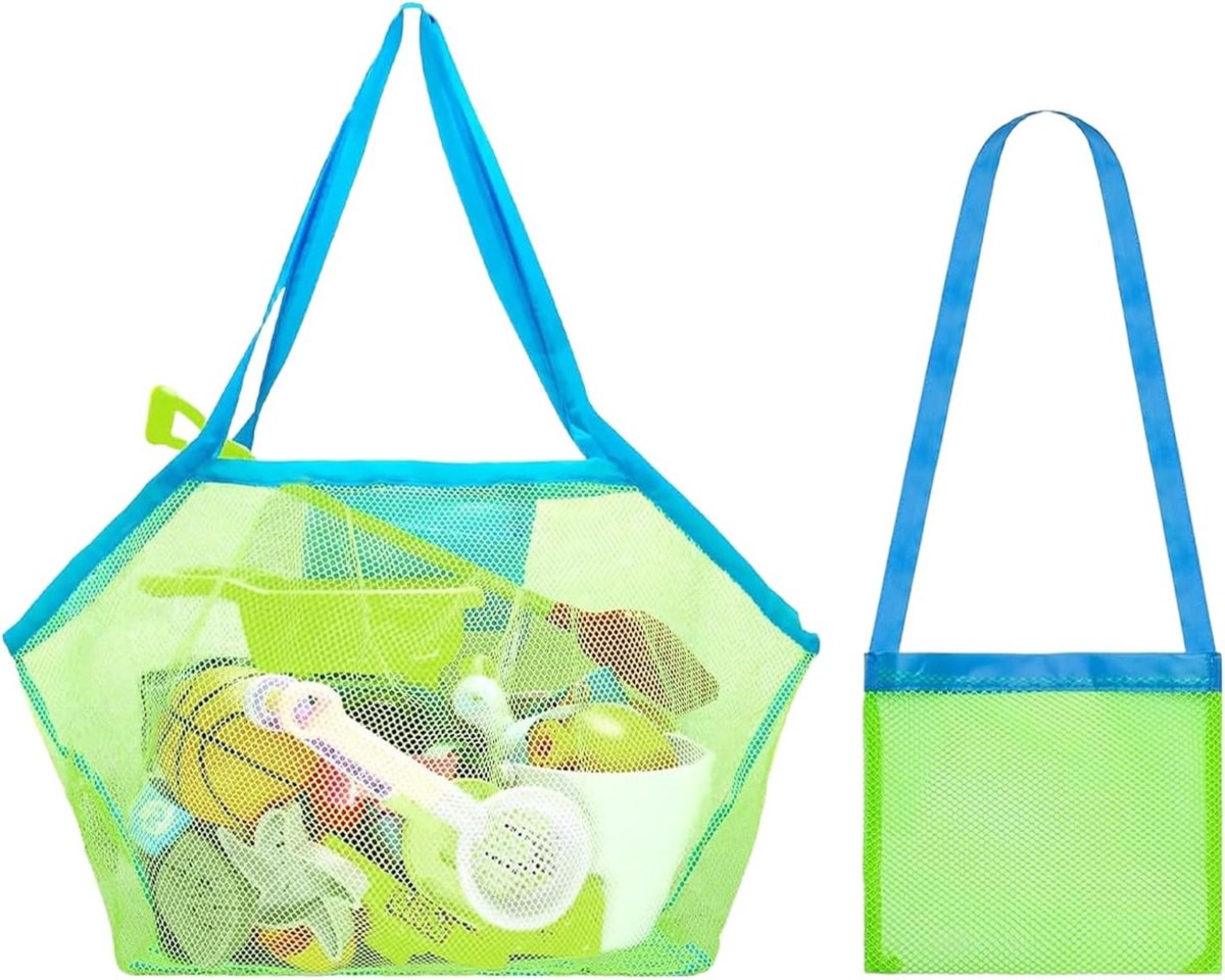 Herbruikbare en opvouwbare mesh-strandtassen voor kinderen, ideaal voor strand, picknick en zwembad, groot en klein, groen, perfect voor familievakanties en wasgoed
