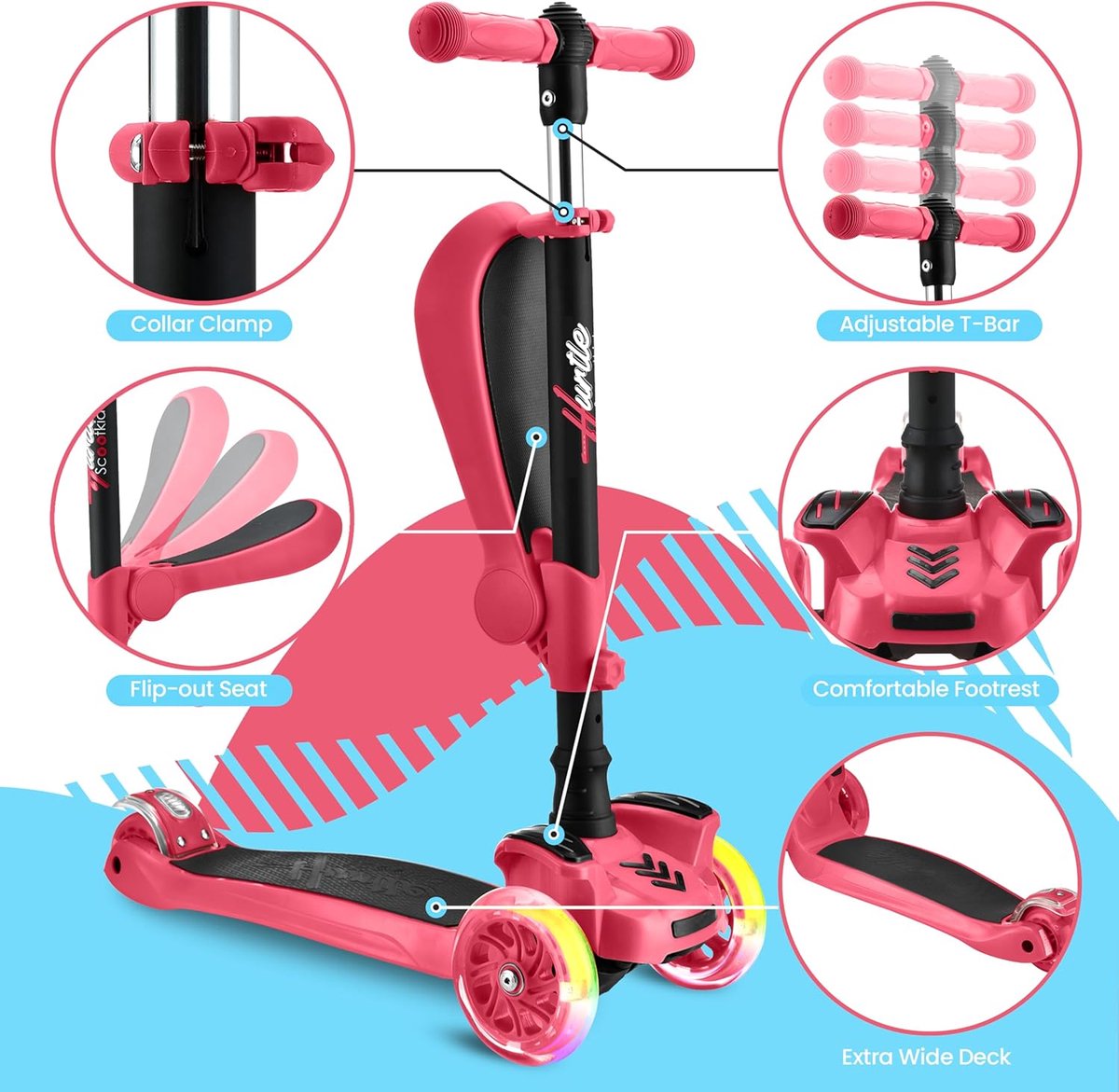 SnelShoppen - 3-Wiel Scooter voor Kinderen, Vouwbare Scootmobiel met Verstelbare Hoogte, Antislip Platform, LED Verlichte Wielen, Perfect voor Meisjes
