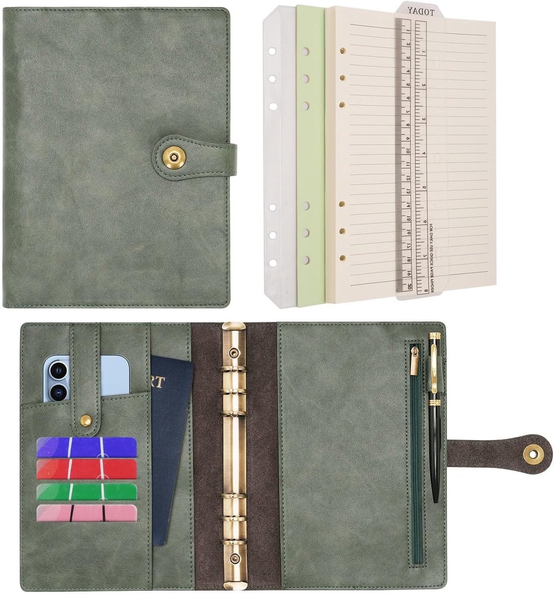 Thijox - Ringband Reisdagboek Notitieboek A5 Gelinieerd Papier Hervulbaar Lederen Budget Organizer met Pen en Ritszakje voor Kantoor School en Zakelij