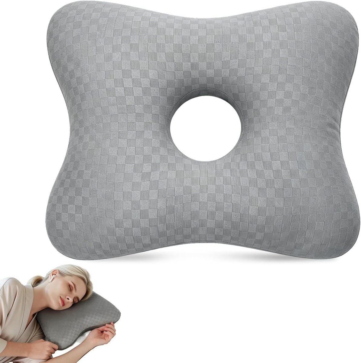 SnelShoppen - Piercing Pillow met Gat - Donut Kussen voor Oorpiercing - Ergonomisch U-Vormig Kussen voor Zijslapers - Grijs - Verlichting van Oorpijn
