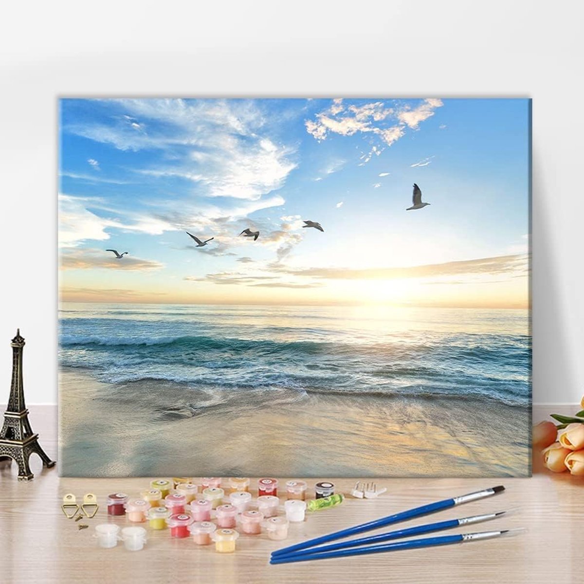 SnelShoppen - DIY Schilderen op Nummer voor Volwassenen en Kinderen - Zonsondergang Strand Zeebirds - Olieverf Set met Acrylverf en Kwasten voor Ontsp