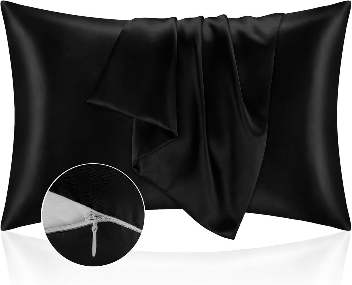 SnelShoppen - Satin Kussenslopen 50x70 cm, Set van 2, Zachte Satin Hoofdkussens, Hypoallergeen, Zipper, Zwart, Ideaal voor Huid en Haar Bescherming