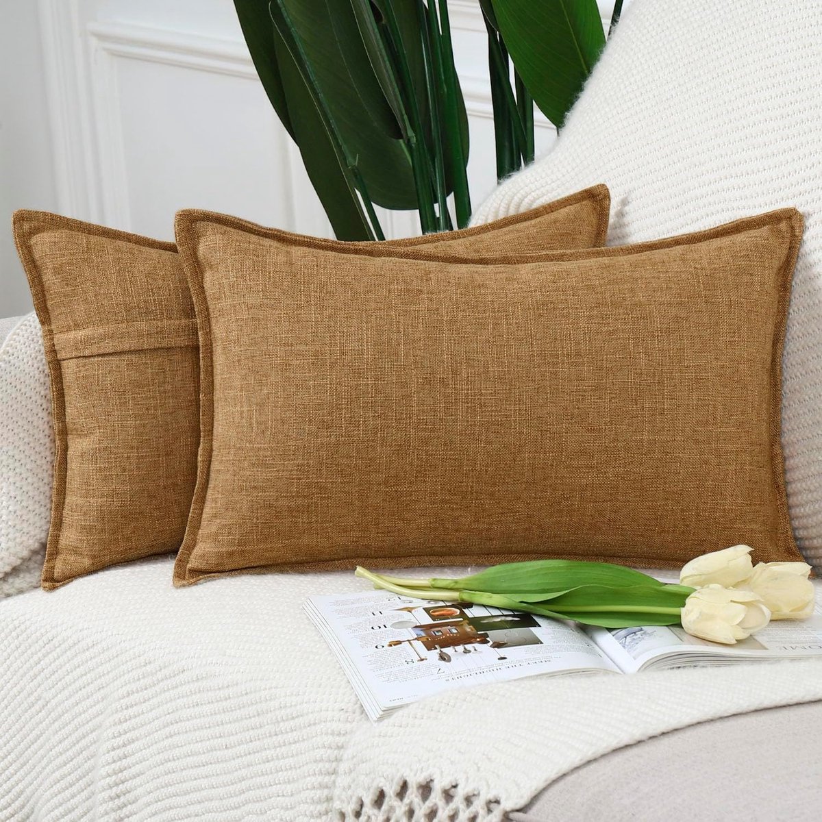 SnelShoppen - Set van 2 Imitatie Linnen Kussenslopen 30x50cm voor Sofa en Slaapkamer - Zachte Decoratieve Kussencovers in Gemberkleur