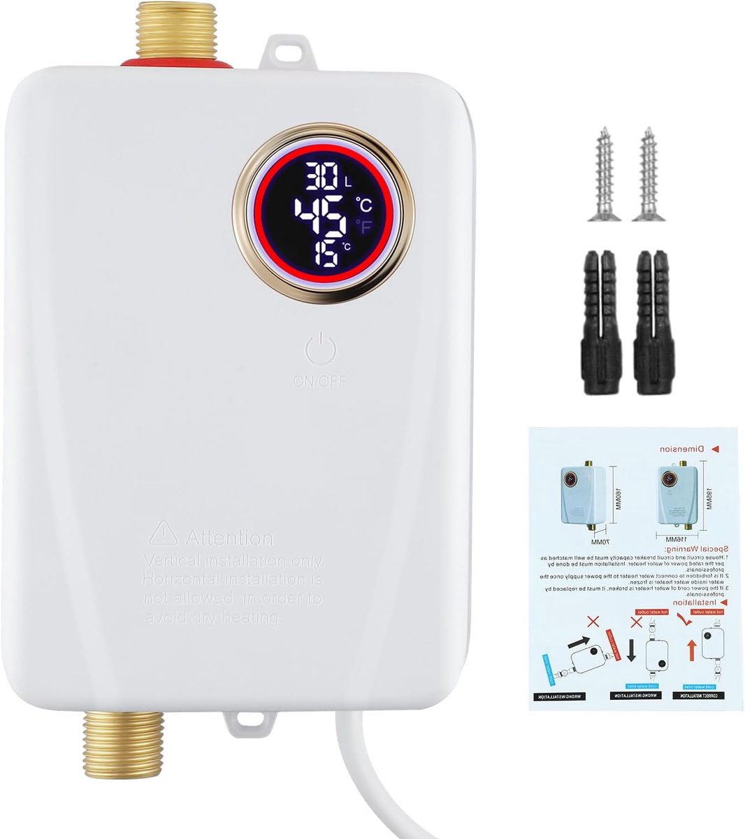 SnelShoppen - Mini Instantaneous Water Heater 3500 W 220 V - Compact Elektrische Waterverwarmer met LED Temperatuurweergave voor Douche, Badkamer en K