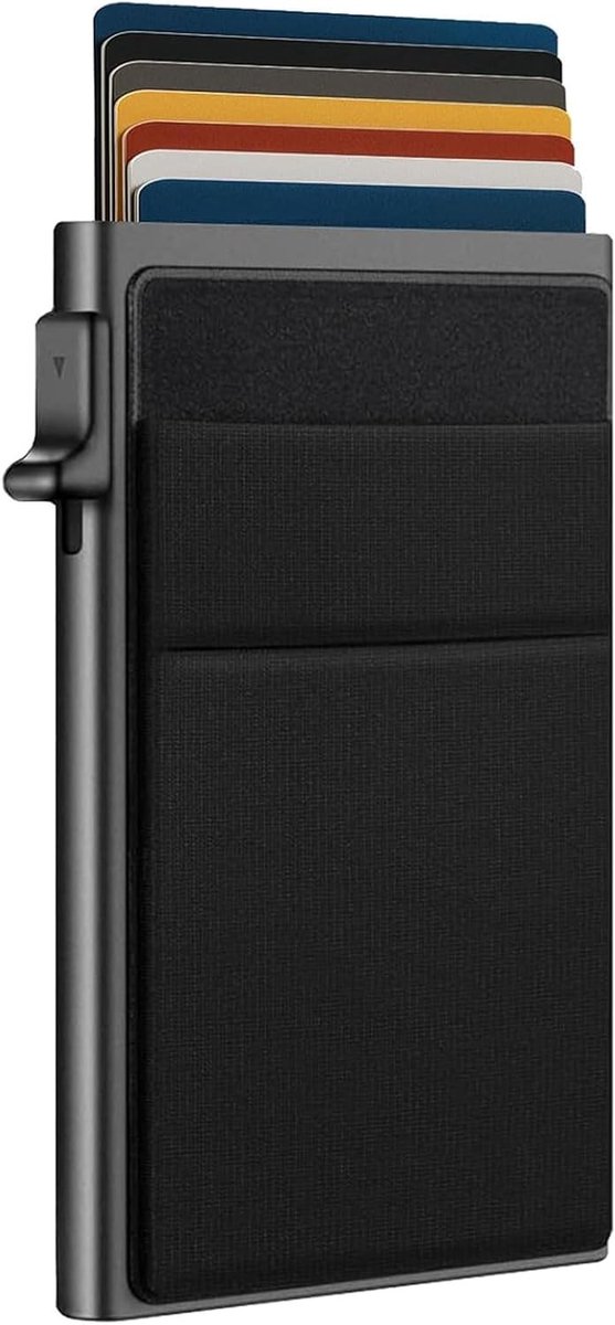 Slim Pop Up Kaartenhouder met Muntcompartiment, RFID en NFC Bescherming, Metalen en Stof, Compact en Stijlvol Ontwerp, 10 x 6 x 1 cm, Zwart