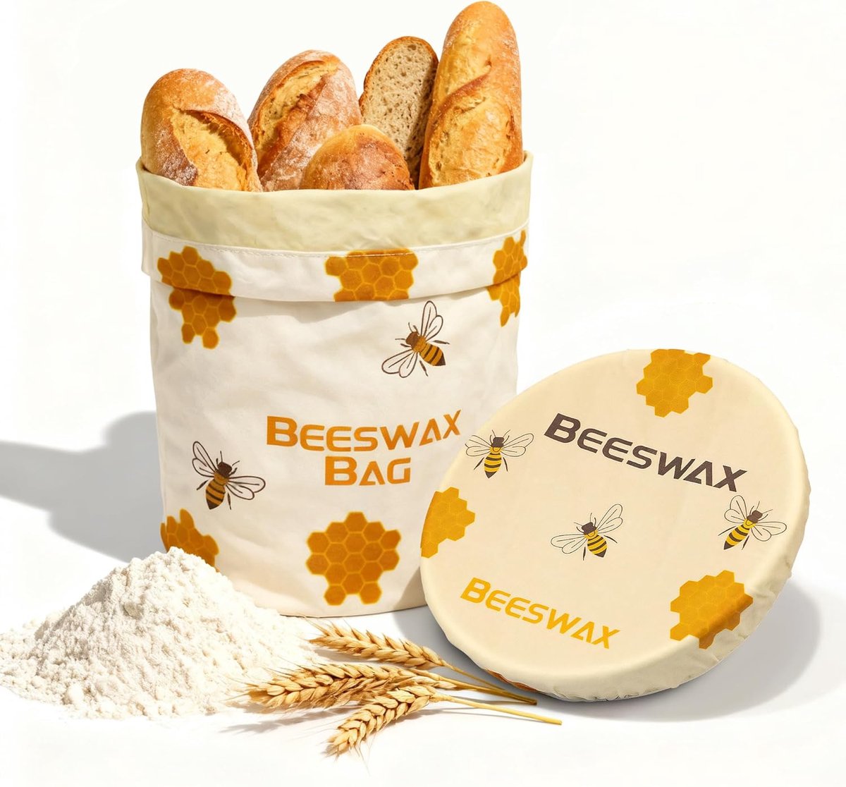 SnelShoppen - Herbruikbare Bijenwas Broodzakken en Elastische Komdeksels - 100% Biologisch Katoen, Eco-vriendelijk, Ideaal voor Broodopslag en Rijzen,
